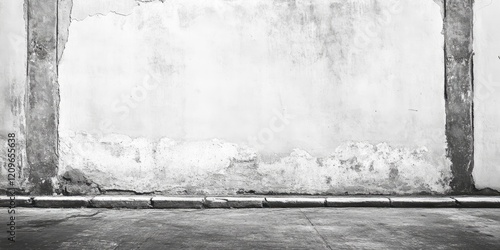 Textured black and white wall background with faded sections and a smooth concrete floor, creating a vintage and artistic atmosphere.