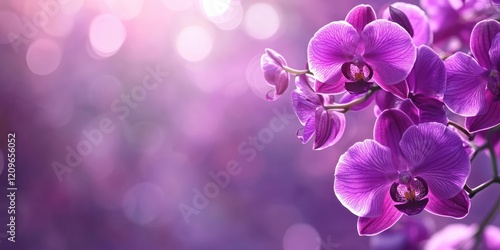 Vibrant purple orchid blossoms on the left side of a soft bokeh purple background with ample space on the right for text insertion