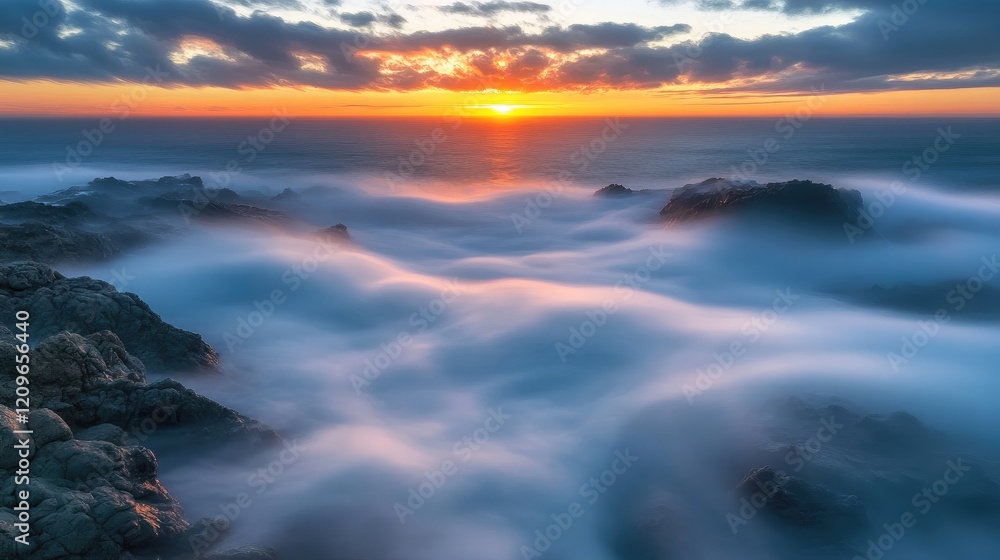 Naklejka premium Serene seascape at sunset with dramatic clouds and soft waves creating a tranquil atmosphere over rocky shoreline