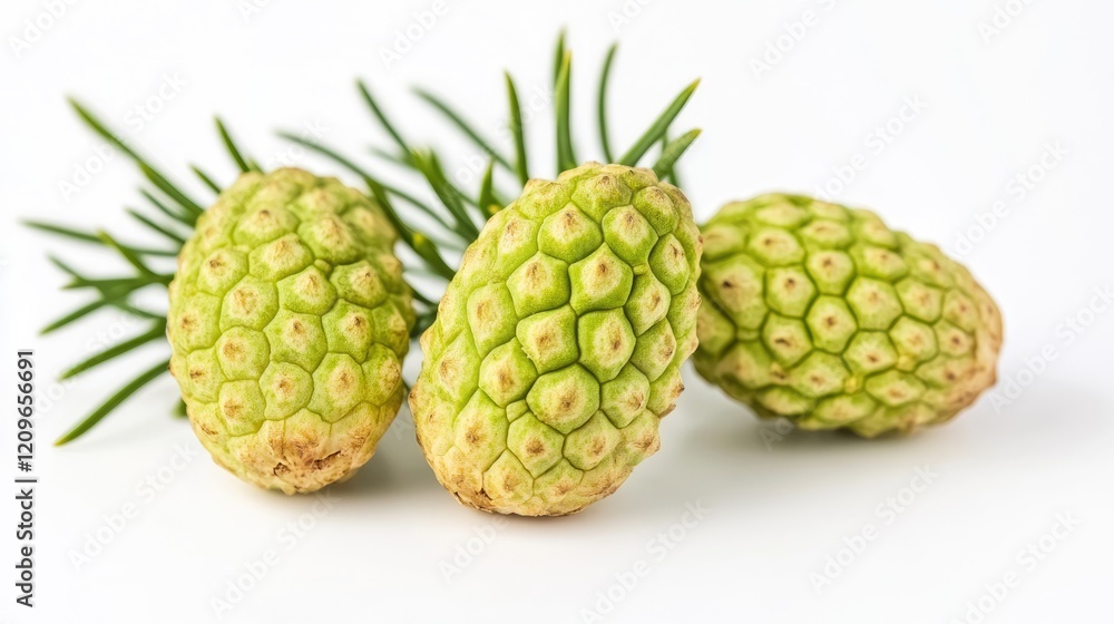 Cypress cone fruits with green needles on a clean white background in macro photography showcasing natural textures and details. Cypress cone fruits with green needles on a clean white background in macro photography showcasing natural textures and details.