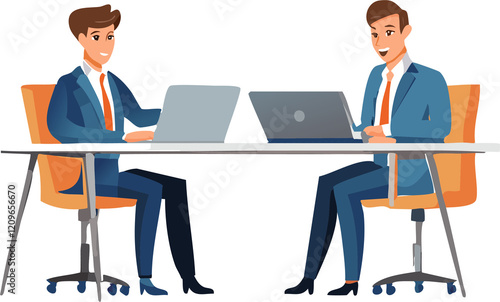 Illustration of Professionals in Business Meeting – Team Discussing Work on Laptop and Tablet in Modern Office, Showcasing Teamwork, Collaboration, and Corporate Productivity