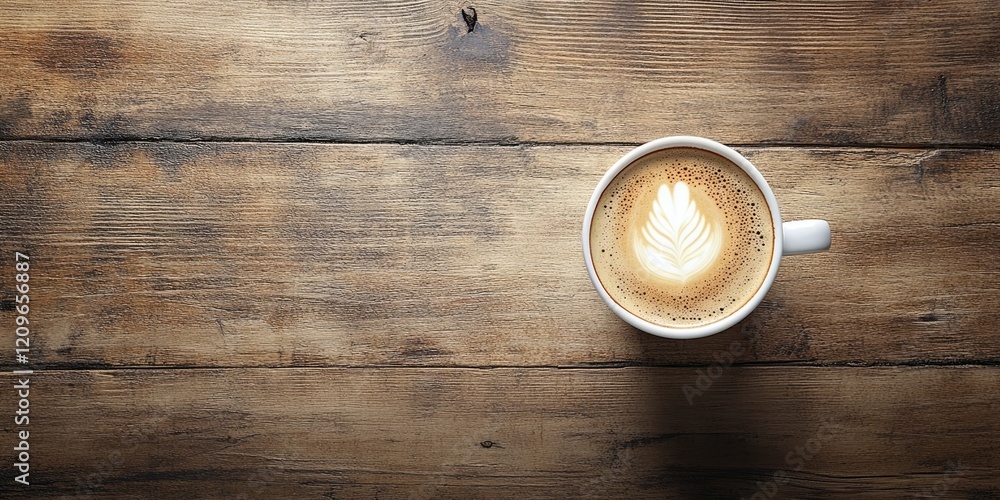 Coffee cup with latte art on a rustic wooden table background soft brown tones warm cozy ambiance top view natural lighting Coffee cup with latte art on a rustic wooden table background soft brown tones warm cozy ambiance top view natural lighting
