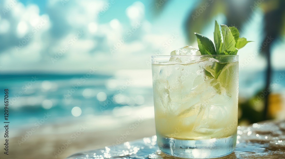 Refreshing cocktail in a glass with mint leaves against a tropical beach backdrop featuring white sand, bright blue sky, and distant waves, summer vibes, empty text space. Refreshing cocktail in a glass with mint leaves against a tropical beach backdrop featuring white sand, bright blue sky, and distant waves, summer vibes, empty text space.