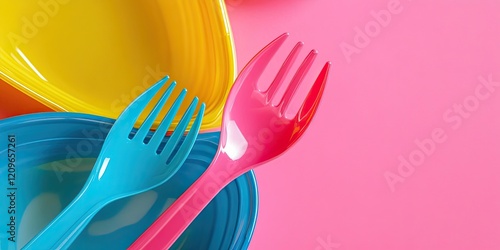 Brightly colored picnic utensils in vivid pink, blue, and yellow bowls arranged against a vibrant pink backdrop, ideal for promotional text placement.