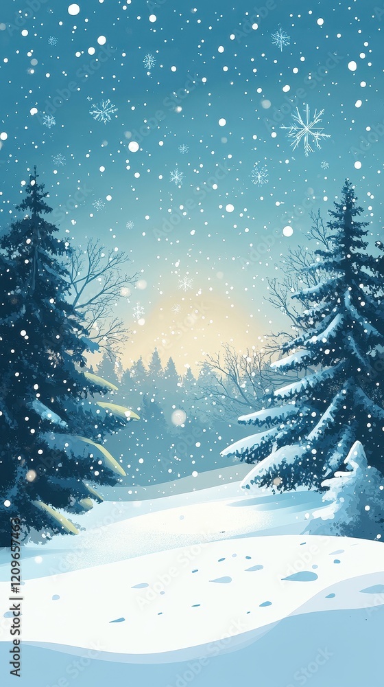 Fototapeta premium Snow Covered Winter Forest Scene With Falling Snow