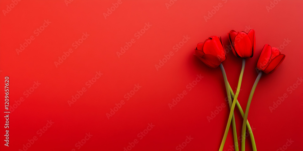 Obraz premium Red tulips resting on matching background, forming minimalist design with generous white space for romantic messaging and Valentine themed graphic needs