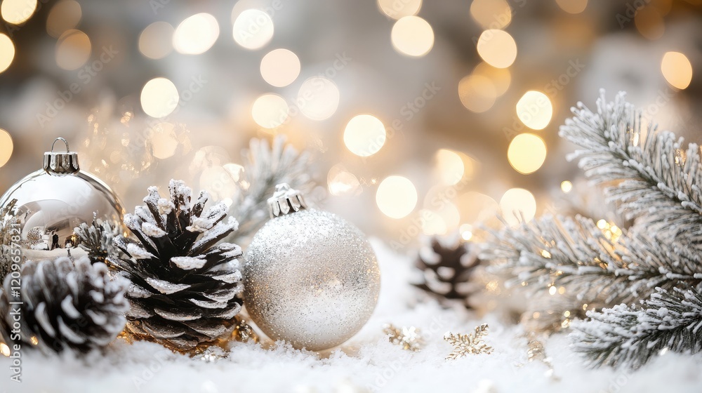 Elegant silver and white bokeh lights with festive ornaments and pine cones on a snowy backdrop creating a warm holiday atmosphere Elegant silver and white bokeh lights with festive ornaments and pine cones on a snowy backdrop creating a warm holiday atmosphere