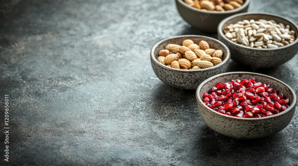 Bowls of nutritious sunflower seeds nuts and pomegranate on rustic surface Healthy superfood assortment with space for text or branding Bowls of nutritious sunflower seeds nuts and pomegranate on rustic surface Healthy superfood assortment with space for text or branding