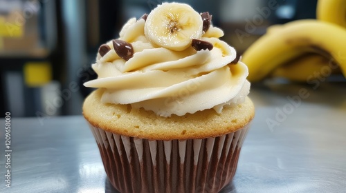 Delicious banana cupcake adorned with rich creamy frosting and banana slices showcasing gourmet baking artistry. photo