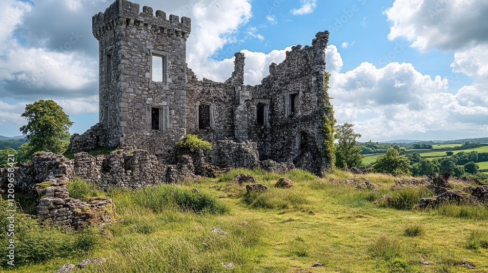Historic ruined castle set against a vibrant blue sky with lush greenery and distant hills in the background showcasing nature's beauty. Historic ruined castle set against a vibrant blue sky with lush greenery and distant hills in the background showcasing nature's beauty.