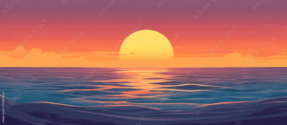 Tranquil Orange and Pink Sunset Over Peaceful Blue Waves on Shore with Ample Blank Space for Textual Overlay Tranquil Orange and Pink Sunset Over Peaceful Blue Waves on Shore with Ample Blank Space for Textual Overlay