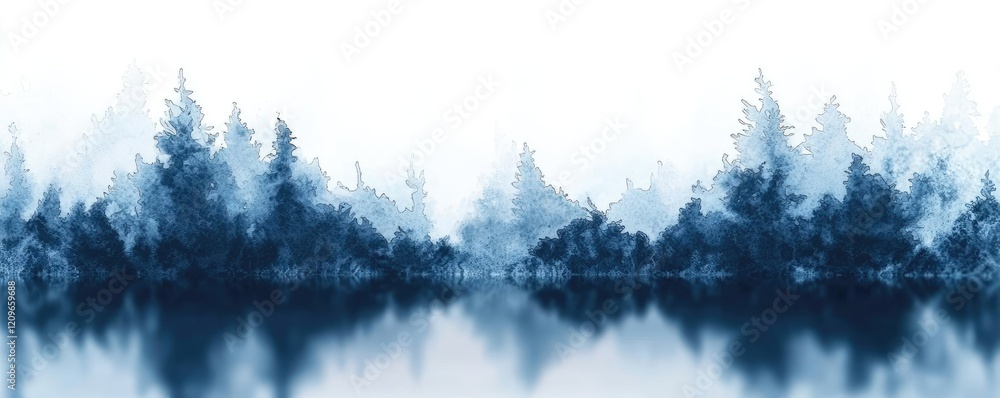 Fototapeta premium Splash watercolor concept. Serene blue forest reflection on tranquil water, creating a peaceful and calming atmosphere.