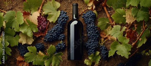 Red wine bottle positioned among lush green grapevines and dark blue grapes, highlighting winemaking process in vineyard with empty space for text photo