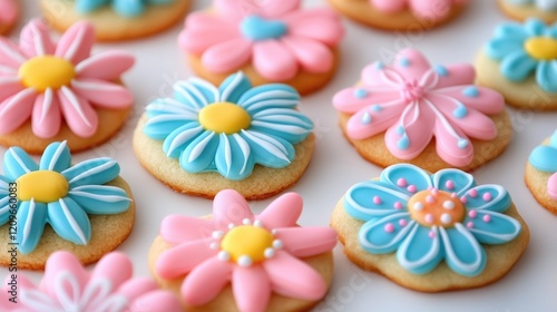 Colorful floral decorated sugar cookies with royal icing on a white background, perfect for spring or festive celebrations. photo