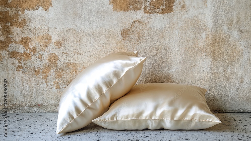 Fototapeta premium Elegant silk pillows elegantly arranged against a textured wall showcasing luxurious home decor and comfort for interior design aesthetics