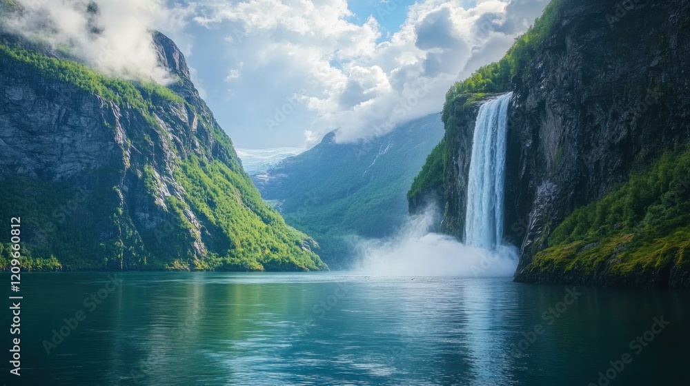 Fototapeta premium Majestic Waterfall Cascading Down a Mountainside in Norway