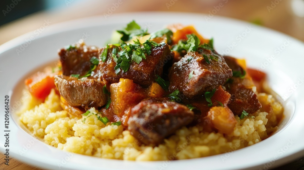 Flavorful Beef Stew with Vegetables Served Over Couscous on a White Plate Flavorful Beef Stew with Vegetables Served Over Couscous on a White Plate