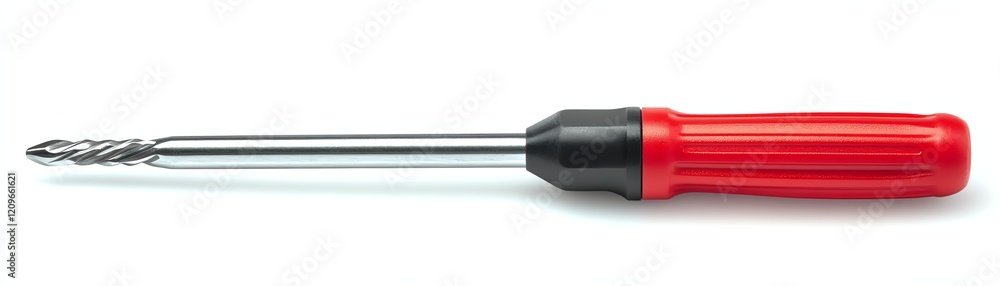 Red-handled screwdriver with a steel shaft and a spiraled tip. Red-handled screwdriver with a steel shaft and a spiraled tip.