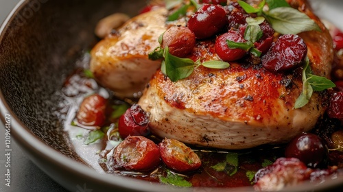 Succulent roasted turkey breast garnished with vibrant cranberry sauce and fresh herbs, elegantly presented in a dark bowl, rich colors and festive ambiance. photo