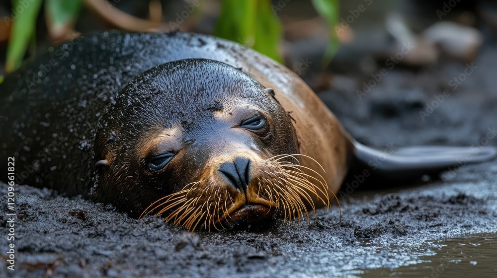 Fototapeta premium Seal relaxing on a muddy bank in a natural habitat showcasing its fur texture and serene expression amidst a tranquil environment