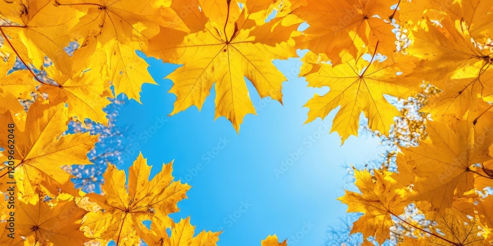 Vibrant yellow maple leaves frame a bright blue sky creating a stunning autumn backdrop in a wide-angle perspective with a warm atmospheric glow Vibrant yellow maple leaves frame a bright blue sky creating a stunning autumn backdrop in a wide-angle perspective with a warm atmospheric glow