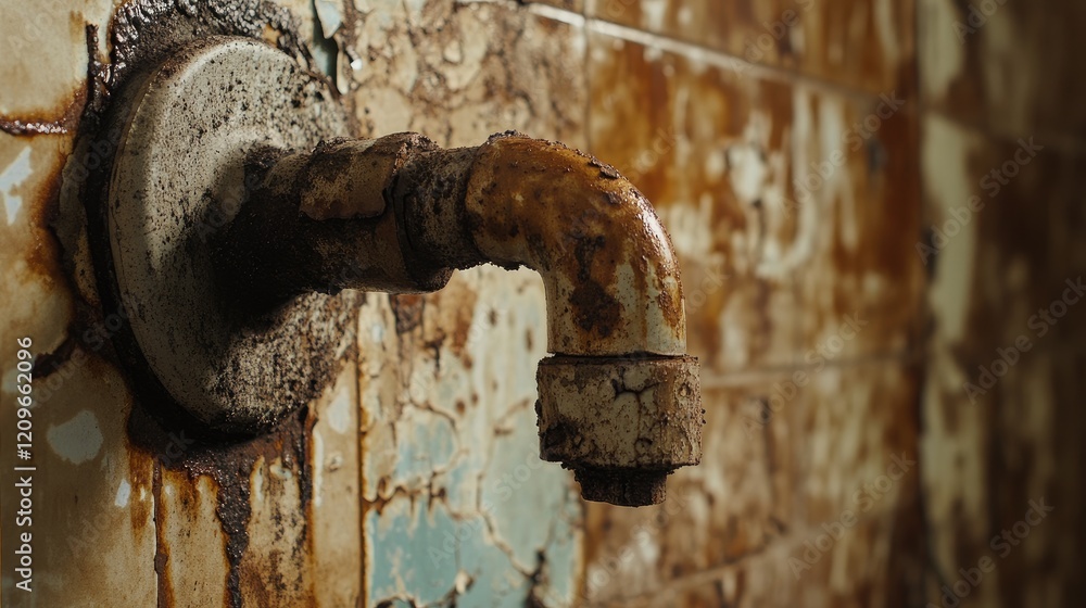 Rusty pipe against a weathered brown wall with peeling paint and moisture stains showcasing industrial decay and aging infrastructure. Rusty pipe against a weathered brown wall with peeling paint and moisture stains showcasing industrial decay and aging infrastructure.