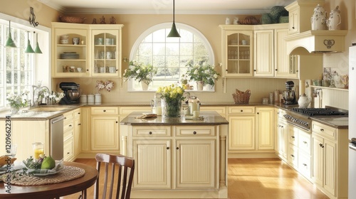 Charming buttercup cream kitchen with vintage decor, fresh flowers, and plenty of natural light