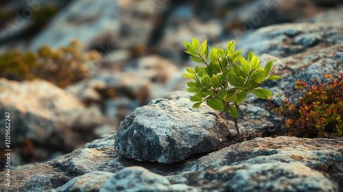 Small resilient plant thriving among textured stones in a semi-desert landscape showcasing nature's adaptability and beauty.