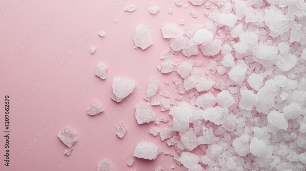 Fototapeta premium Sea salt texture scattered on a soft pink background showcasing white crystal formations in an appealing arrangement