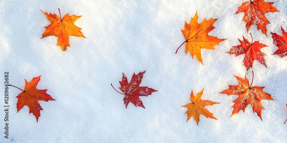 Vibrant orange and red maple leaves scattered on pristine white snow in a public park creating space for text and artwork in top and bottom areas Vibrant orange and red maple leaves scattered on pristine white snow in a public park creating space for text and artwork in top and bottom areas