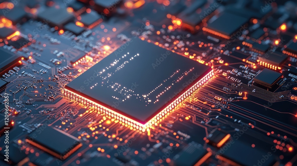 High-Detail Close-Up of Glowing Semiconductor Chip on Circuit Board with Orange and Black Elements in Advanced Technology Factory Environment High-Detail Close-Up of Glowing Semiconductor Chip on Circuit Board with Orange and Black Elements in Advanced Technology Factory Environment