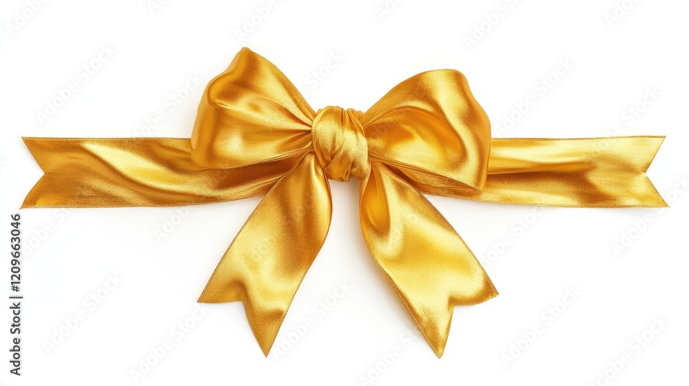 Elegant golden satin gift bow with decorative cross ribbons isolated on a white background for festive and gift presentation concepts. Elegant golden satin gift bow with decorative cross ribbons isolated on a white background for festive and gift presentation concepts.