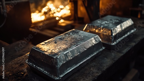 Silvery ingots cool in casting molds on a workbench with molten metal glowing in the background during metalworking craftsmanship. photo