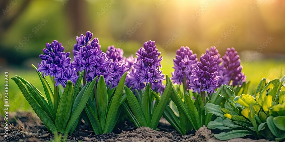 Fototapeta premium Purple hyacinths blooming in a sunny meadow with vibrant green leaves and soft sunlight creating a warm atmosphere in the background.