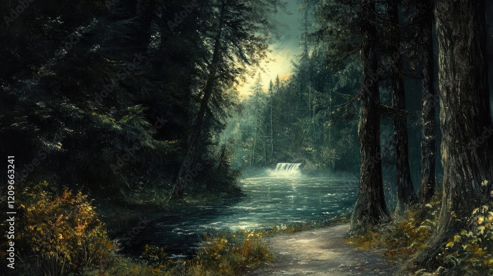 Fototapeta premium Enchanting twilight scene at Silver Falls State Park with serene water and lush forest landscape. Perfect for nature and travel themes.