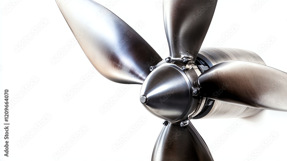 Metallic propeller on a white background, showcasing sleek design and details. Metallic propeller on a white background, showcasing sleek design and details.
