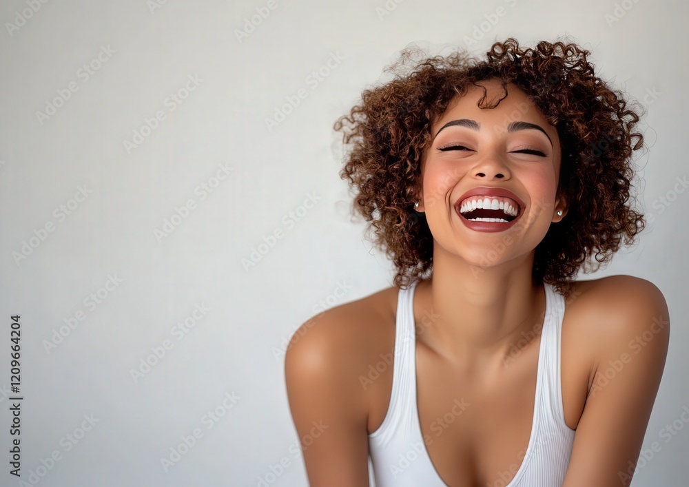 A woman with beautiful curly hair is joyfully laughing with her eyes closed A woman with beautiful curly hair is joyfully laughing with her eyes closed