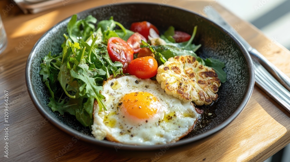 Healthy breakfast bowl featuring sunny-side-up egg, roasted cauliflower, cherry tomatoes, and fresh mixed greens on a wooden table. Healthy breakfast bowl featuring sunny-side-up egg, roasted cauliflower, cherry tomatoes, and fresh mixed greens on a wooden table.
