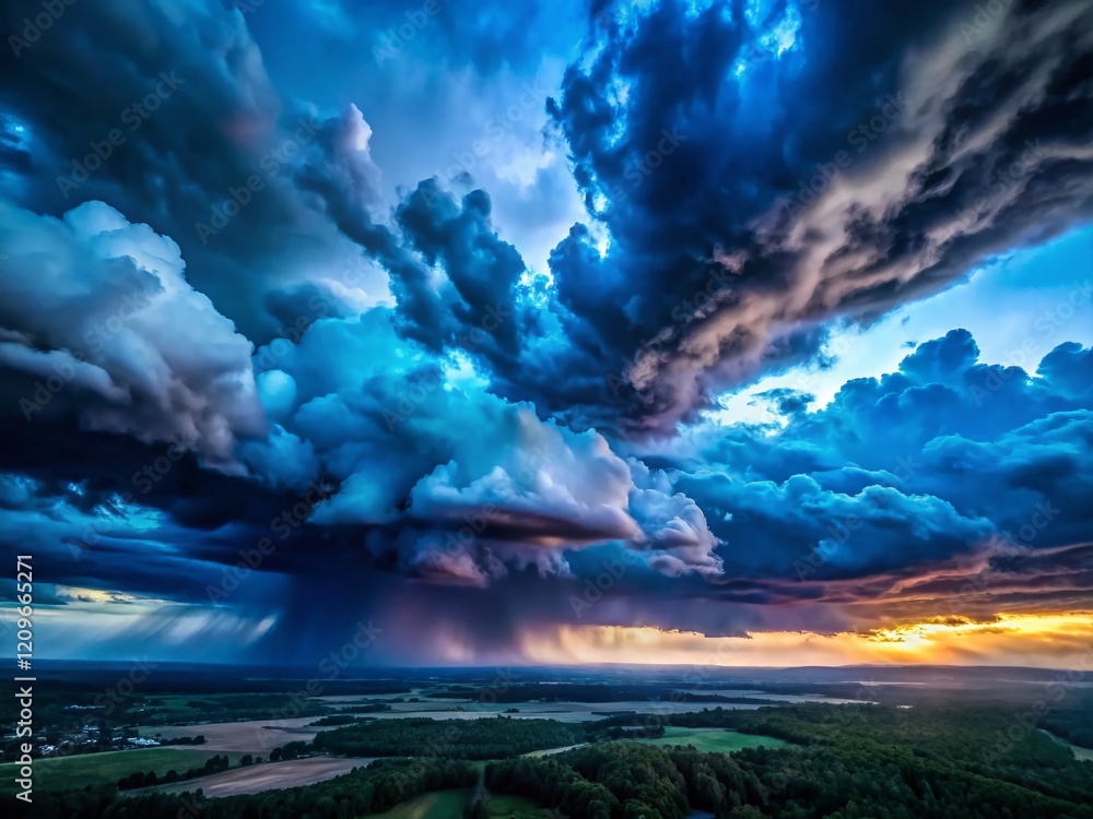 Naklejka premium Dramatic Dark Blue Stormy Sky, Aerial Drone View, Cloudy Background