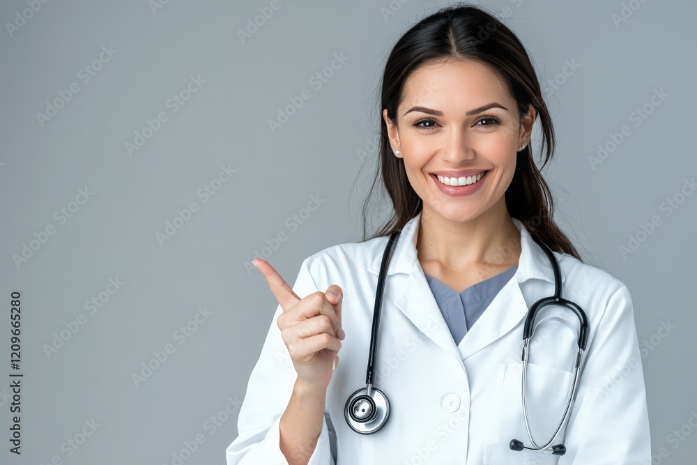 A smiling female doctor with a stethoscope is pointing up A smiling female doctor with a stethoscope is pointing up