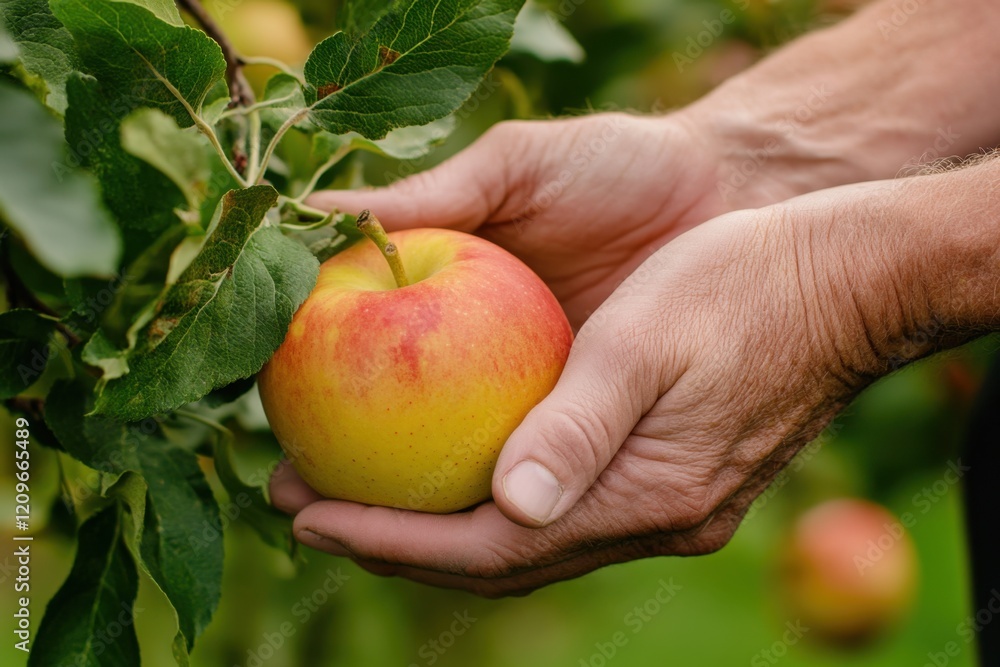 Harvesting fresh apples a pair of hands holding a ripe fruit in an orchard nature setting close-up perspective celebrating the joy of picking apples Harvesting fresh apples a pair of hands holding a ripe fruit in an orchard nature setting close-up perspective celebrating the joy of picking apples