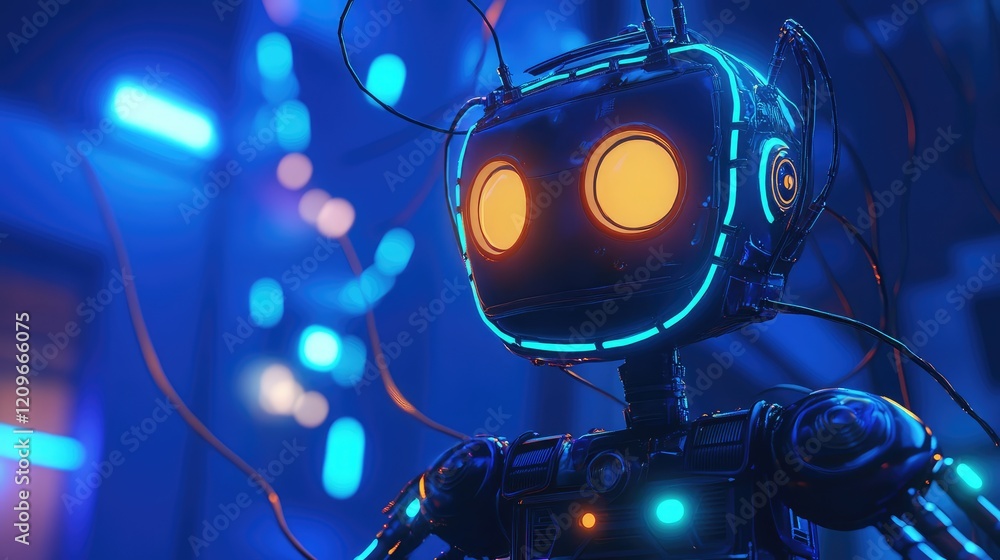 Futuristic Robot Character with Illuminated Wires in Blue Neon Lighting Setting Close-Up on Industrial Background Futuristic Robot Character with Illuminated Wires in Blue Neon Lighting Setting Close-Up on Industrial Background