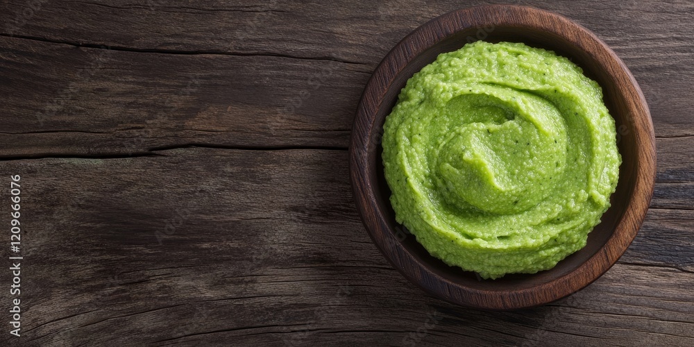 Top view of vibrant green wasabi paste in a rustic wooden bowl placed on textured wooden surface with ample blank space for text or design Top view of vibrant green wasabi paste in a rustic wooden bowl placed on textured wooden surface with ample blank space for text or design