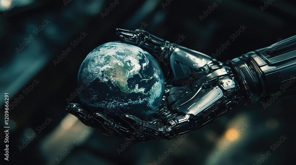 Futuristic robotic hand delicately grasping illuminated Earth globe with detailed continents, metallic textures, dark background, and close-up perspective. Futuristic robotic hand delicately grasping illuminated Earth globe with detailed continents, metallic textures, dark background, and close-up perspective.