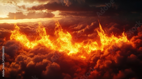 Twilight Sky with Orange and Red Flames Illuminating Dark Clouds in a Dramatic Atmospheric Landscape