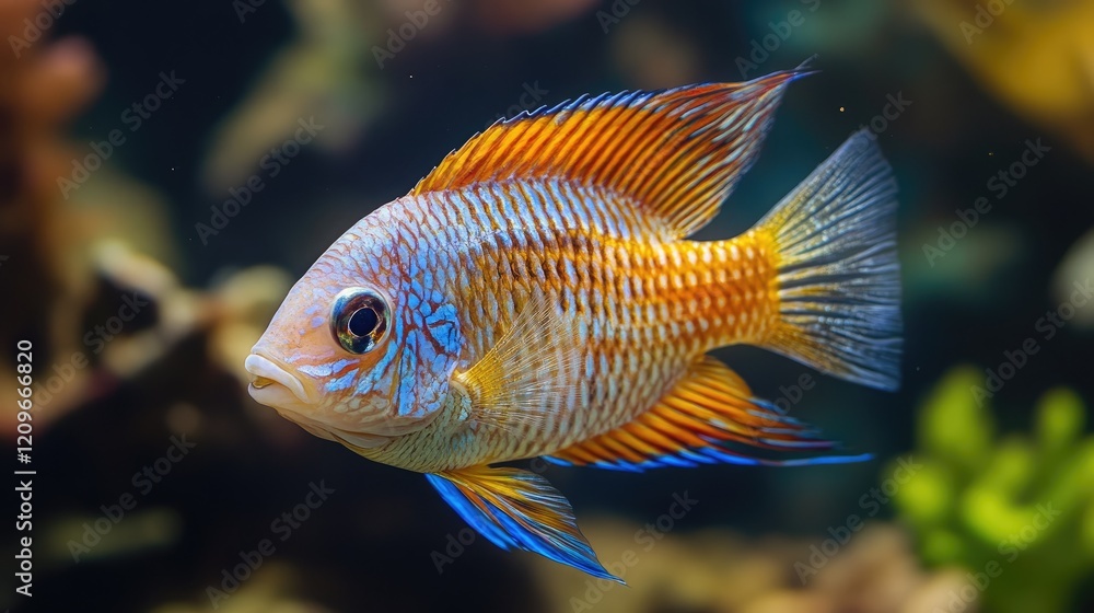 Vibrantly colored African Cichlid fish swimming gracefully in a freshwater aquarium setting showcasing its intricate patterns and hues. Vibrantly colored African Cichlid fish swimming gracefully in a freshwater aquarium setting showcasing its intricate patterns and hues.