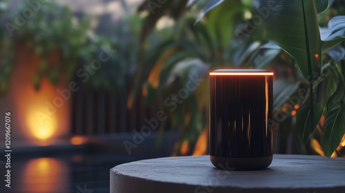 Modern black smart speaker with orange ambient light on a stone surface surrounded by lush green foliage and warm background glow. photo