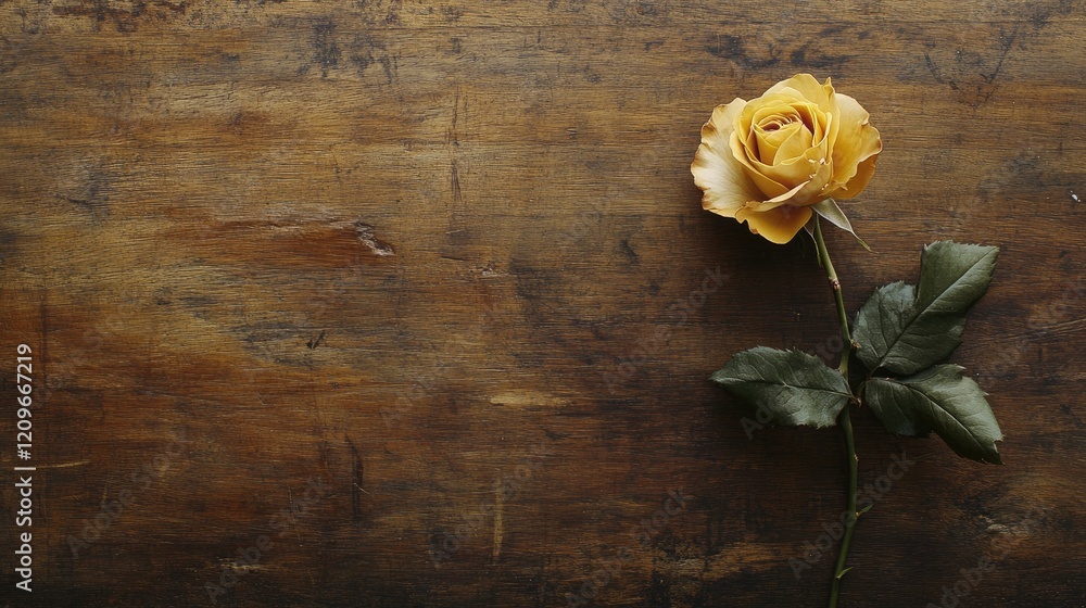 Yellow rose on rustic wooden background with blank space for text or message ideal for greeting cards or postcards layout Yellow rose on rustic wooden background with blank space for text or message ideal for greeting cards or postcards layout