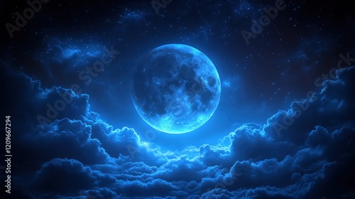 Blue moon rising over night clouds, starry sky, fantasy backdrop
