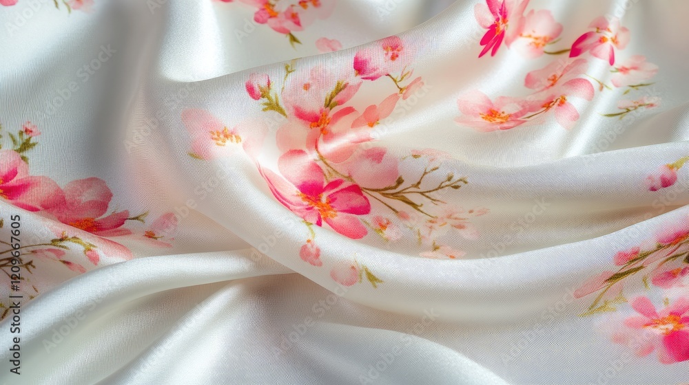 Delicate pink floral pattern on smooth white silk fabric showcasing elegant texture and exquisite design for fashion and decor applications Delicate pink floral pattern on smooth white silk fabric showcasing elegant texture and exquisite design for fashion and decor applications